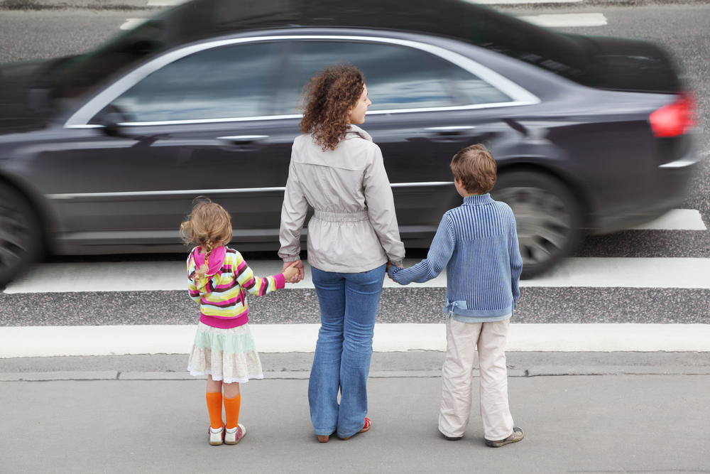Mom & kids in crosswalk