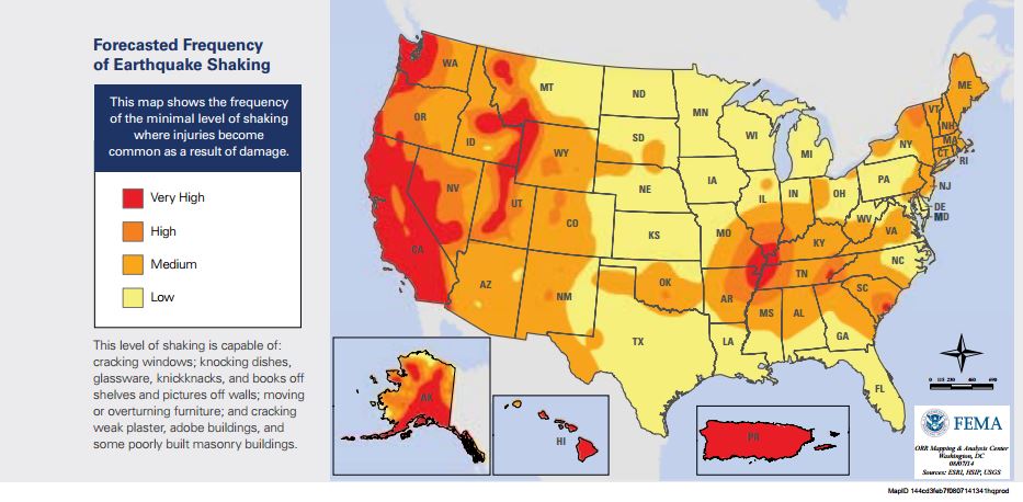 Map of seismic zones in U.S.