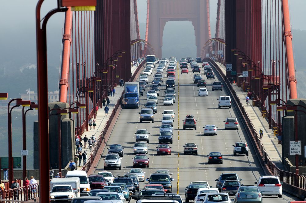 Heavy traffic on the Golden Gate Bridge connecting San Francisco to Marin County, Calif.