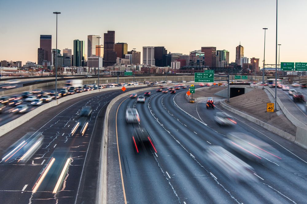 Rush hour traffic on Interstate 25 looking towards downtown Denver, Colorado