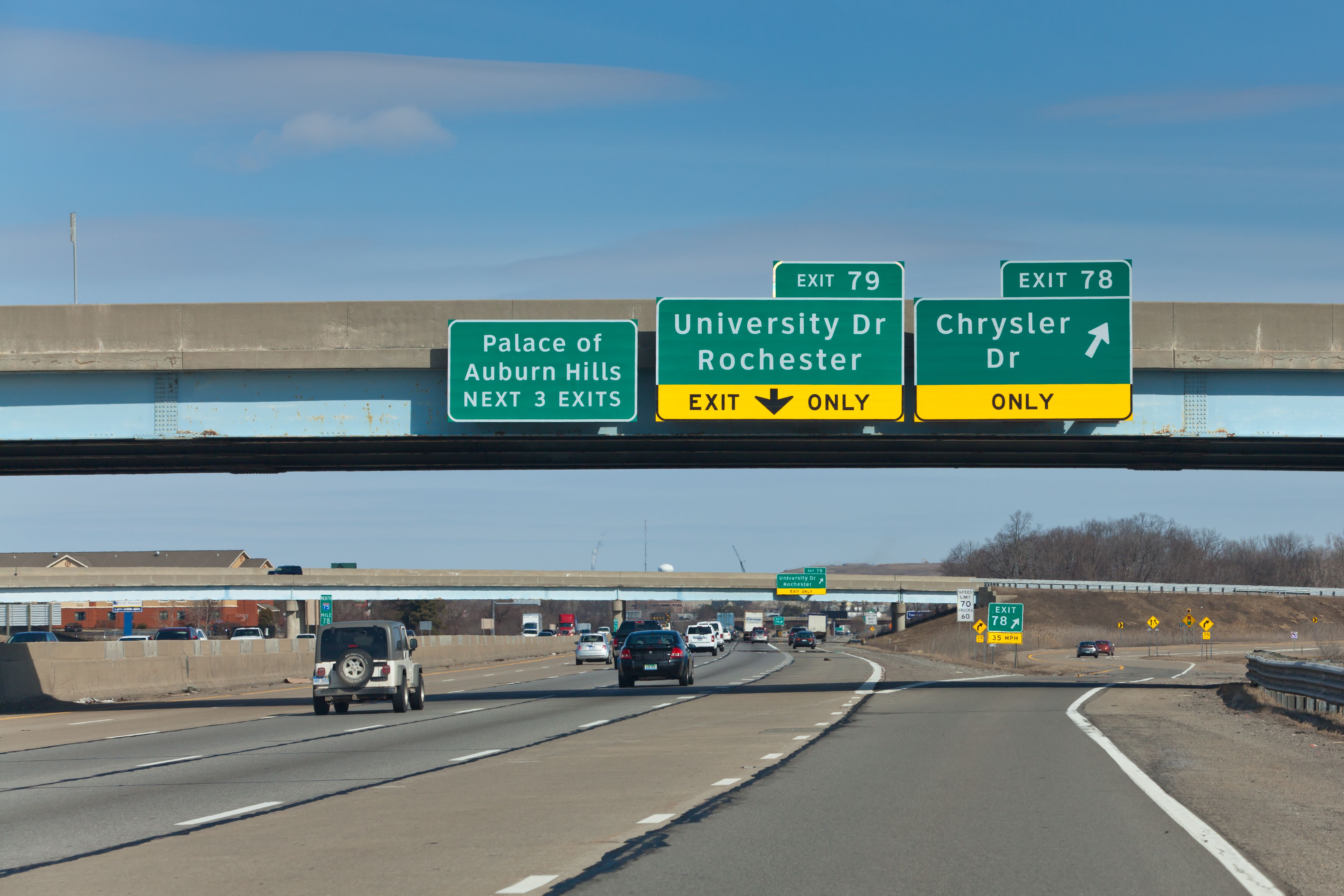Exit to Chrysler headquarters and technology center in Auburn Hills, Mich.