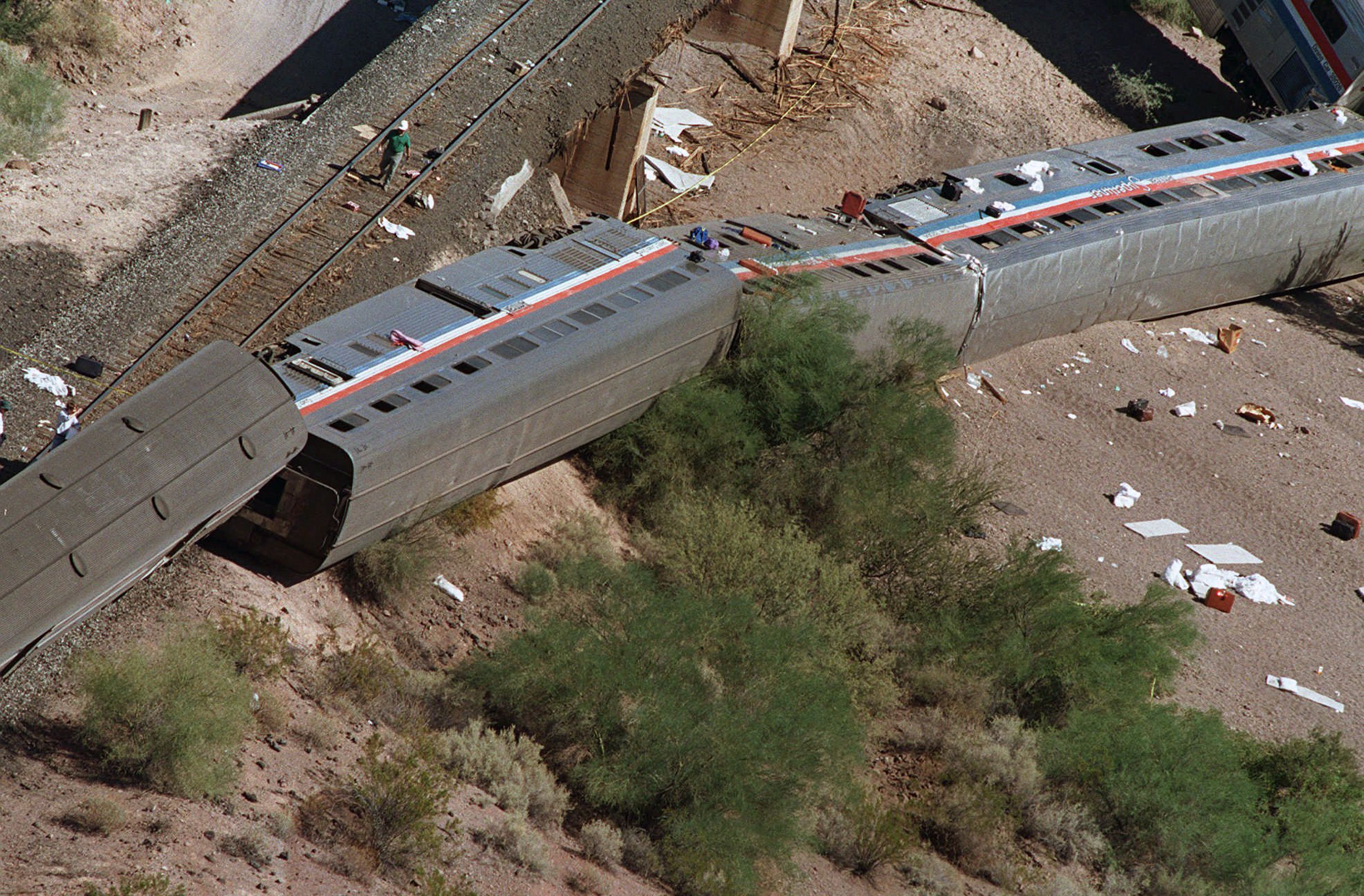 Scene of the Amtrak Sunset Limited wreckage near Hyder, Ariz. on Oct. 10, 1995
