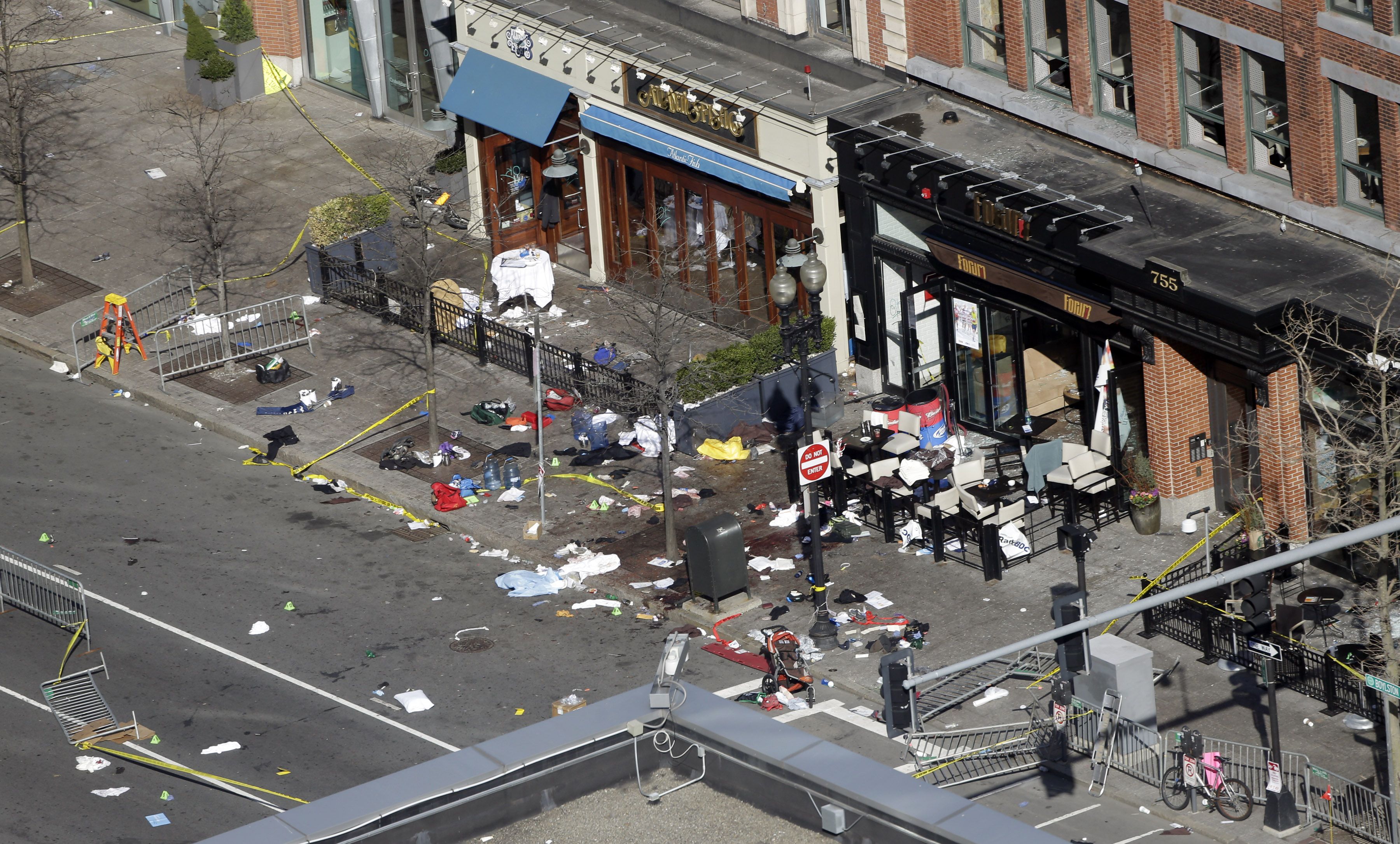 One of the blast sites on Boylston Street near the finish line of the 2013 Boston Marathon is seen in Boston, Tuesday, April 16, 2013