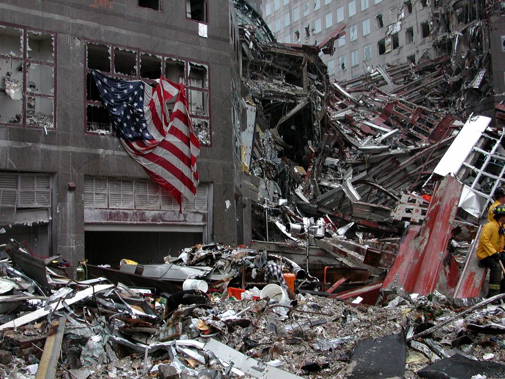 Flag on building across the street from Ground Zero on Sept. 20, 2001 in New York