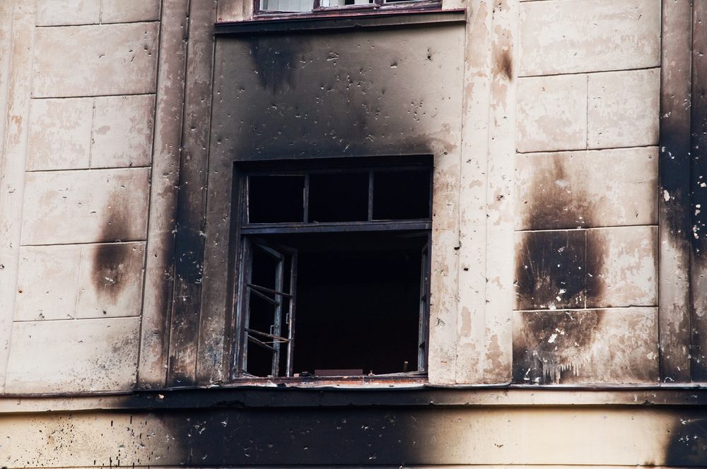 burned building window