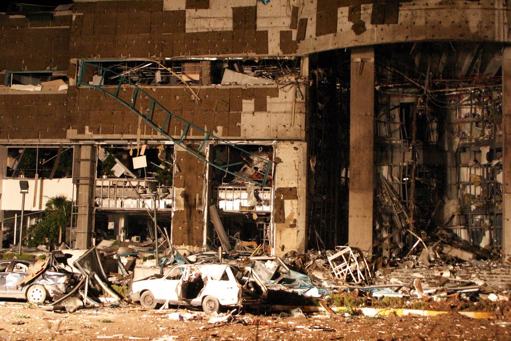 Demolished building after terror attack and bomb explosion in Levent HSBC Bank on November 20, 2003 in Istanbul, Turkey. 