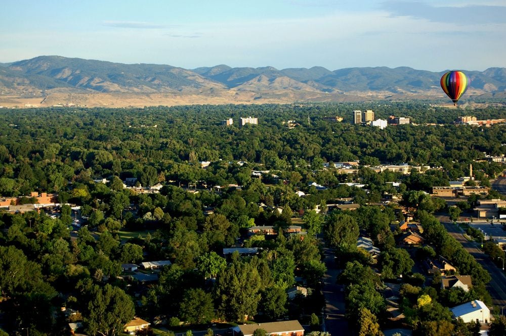Aerial view of Fort Collins, Colorado looking West