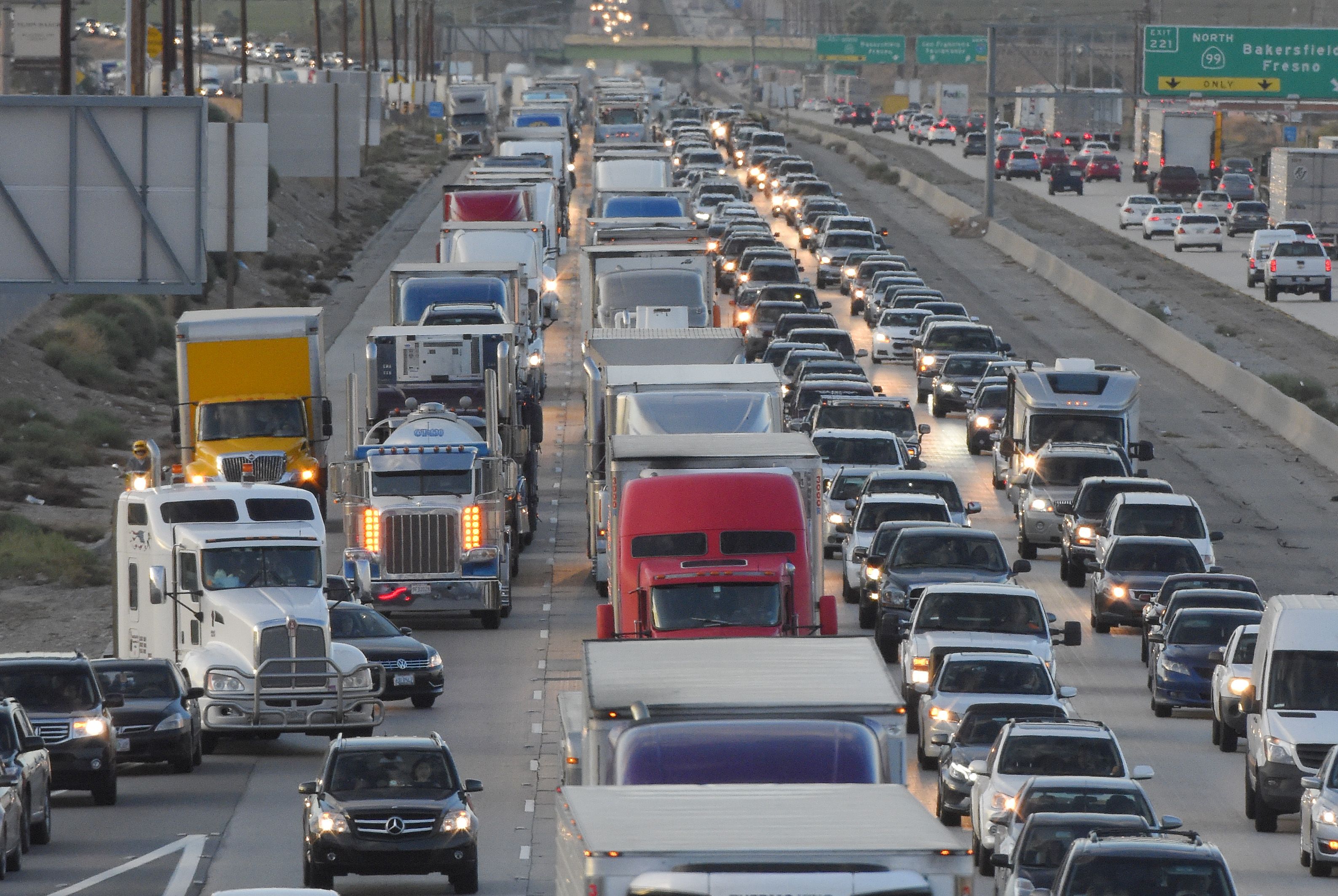 Traffic stacks up in the southbound lanes of Interstate 5, Friday, Oct. 16, 2015, in Arvin, Calif.