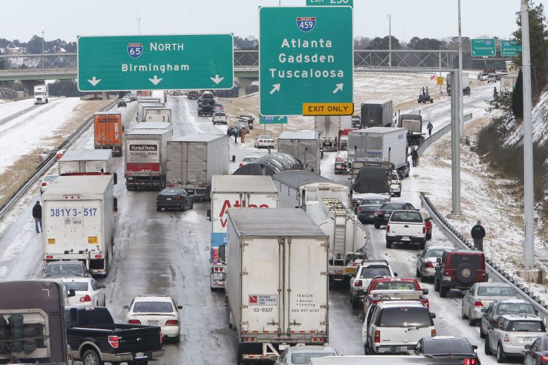 Traffic is at a standstill on Interstate 65 northbound as officials work to clear abandoned vehicles Wednesday, Jan. 29, 2014 in Hoover, Ala. 