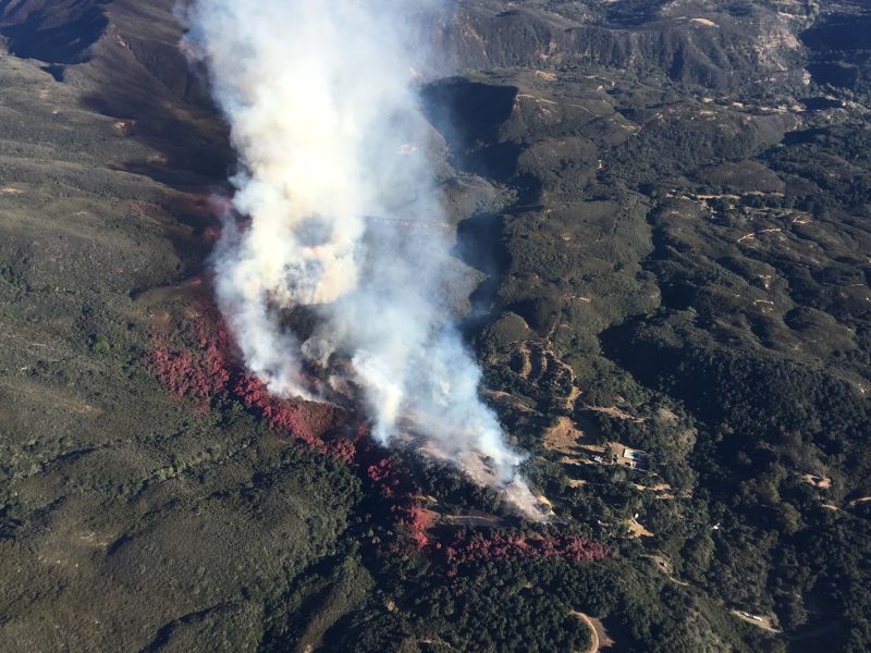 Aerial view of wildfire burning in Los Padres National Forest