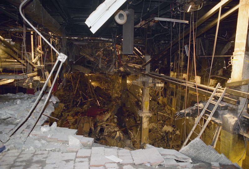A gaping hole caused by an explosion in an underground garage at New York's World Trade Center 