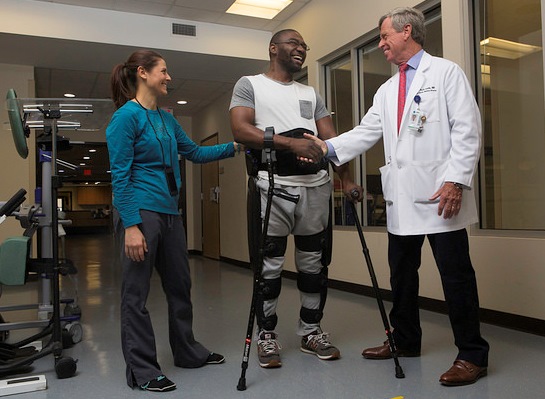 Man walking with exoskeleton -- Indego