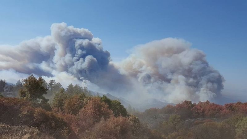  smoke billowing from a wildfire near Lake Nacimiento