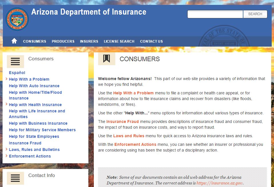 Arizona Department of Insurance website