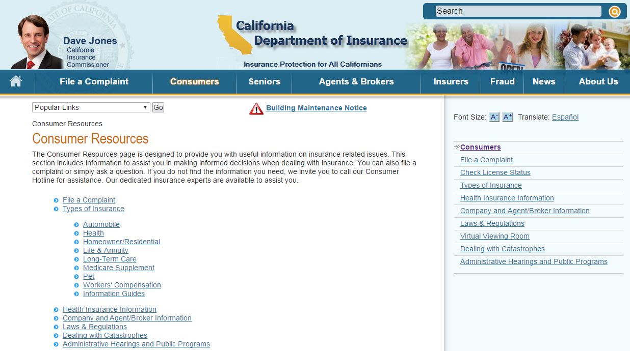 California Department of Insurance website