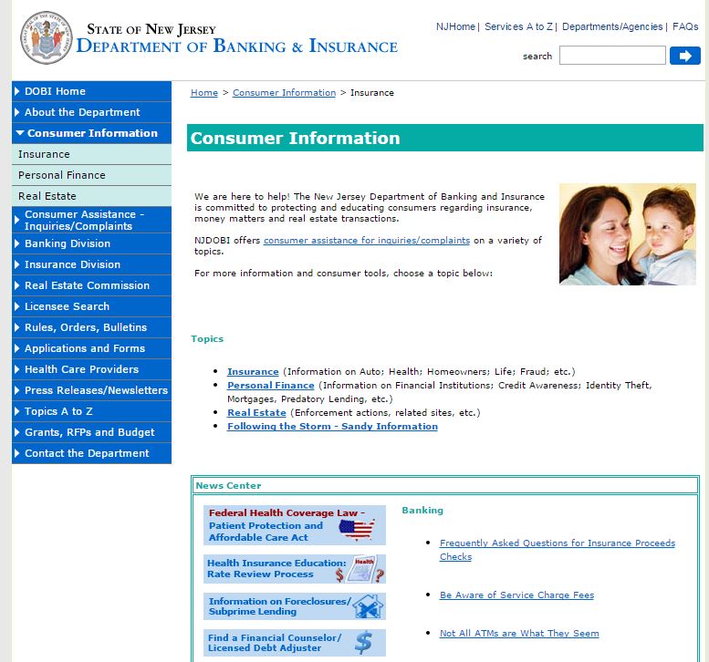 New Jersey Department of Banking and Insurance website