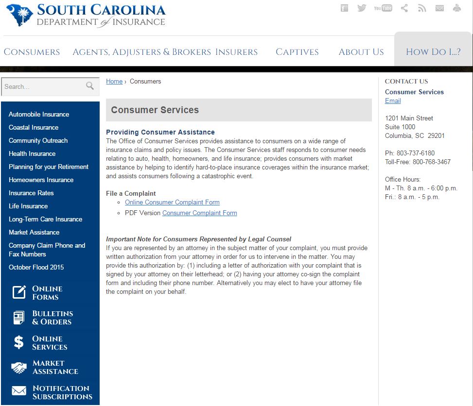 South Carolina Department of Insurance website