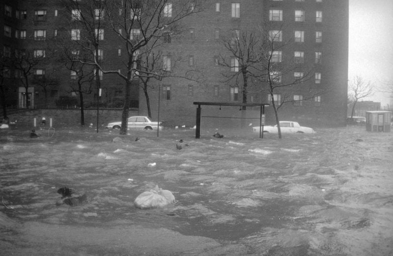 winter storm sent the waters of the East River surging into the NYC streets, Dec. 11, 1992