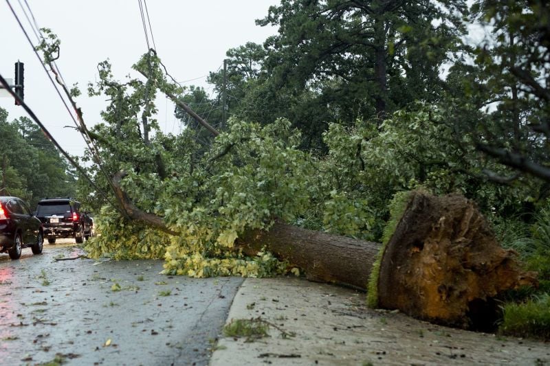 A tree lays on Cantrell Rd., after a storm in Little Rock, Ark. 