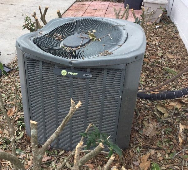 High winds send heavy objects flying and damage this condensing unit